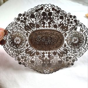 Antique silver filigree tray dish Asian design beautiful wall art wall hanging